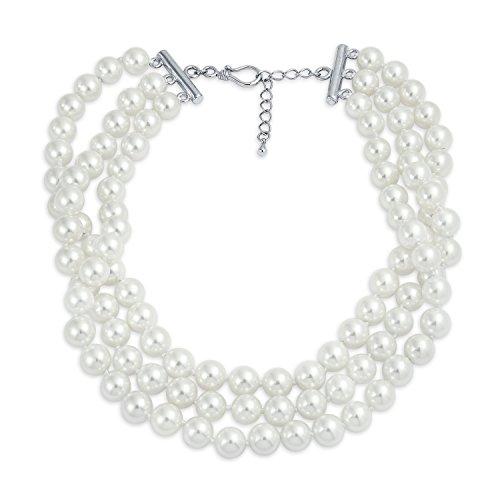 【並行輸入品】[Bling Jewelry] 「ブライダルハンドノット3列ワイドホワイトシミュレートパールストランドチョーカーカラーネックレス、の画像