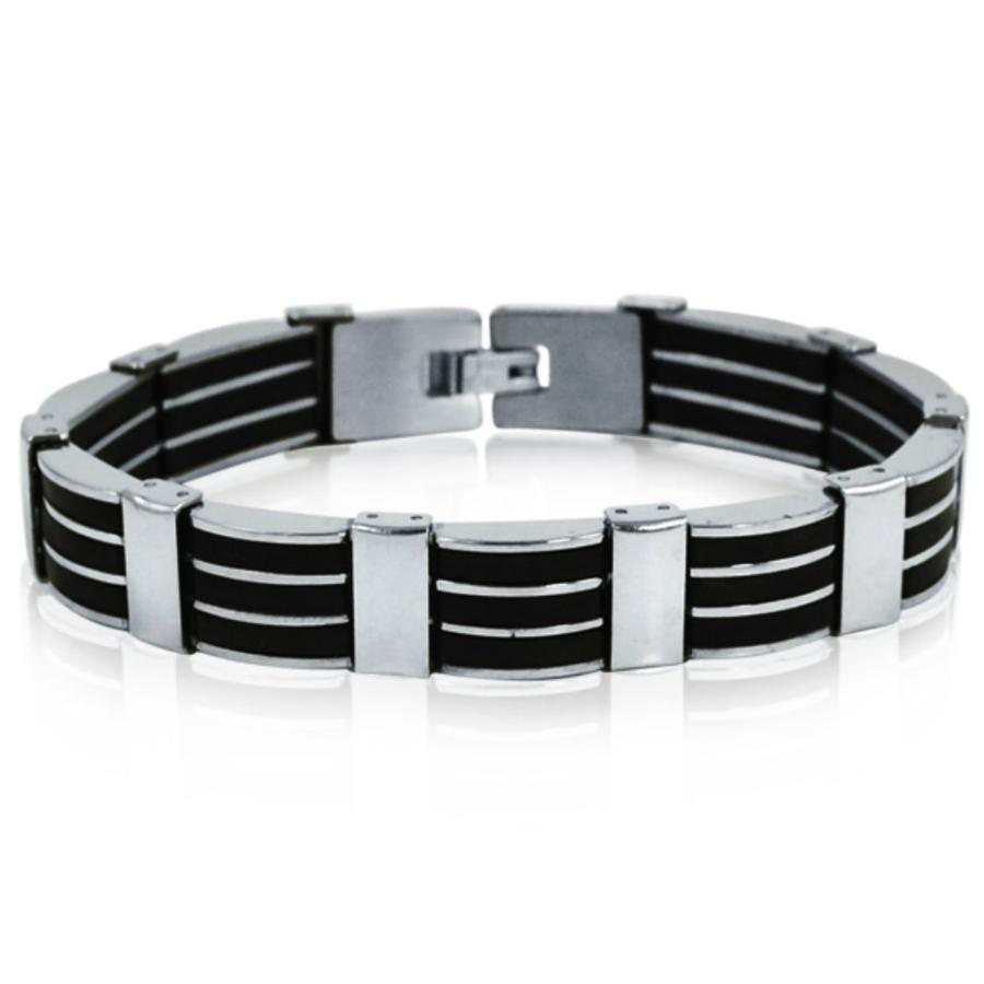 【並行輸入品】Men's Stainless Steel 3 Row Black Rubber Bracelet 21cm Oxford Ivy