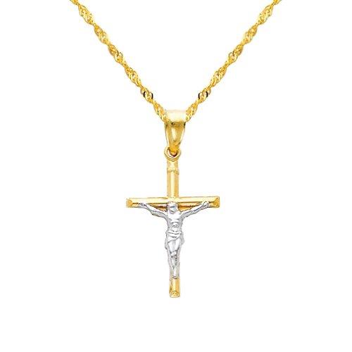 【並行輸入品】14K ツートーンゴールド イエス クロス 宗教ペンダント 1.2mmシンガポールチェーンネックレス The World Jeweの画像