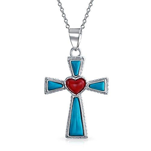 【並行輸入品】[Bling Jewelry] 南西スタイル宝石ブルー安定ターコイズレッドハートクロスペンダント宗教.925スターリングシルバーネ_1