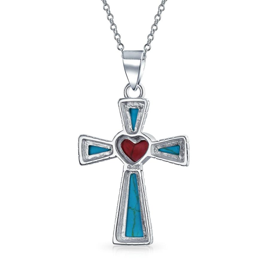 【並行輸入品】[Bling Jewelry] 南西スタイル宝石ブルー安定ターコイズレッドハートクロスペンダント宗教.925スターリングシルバーネ_3