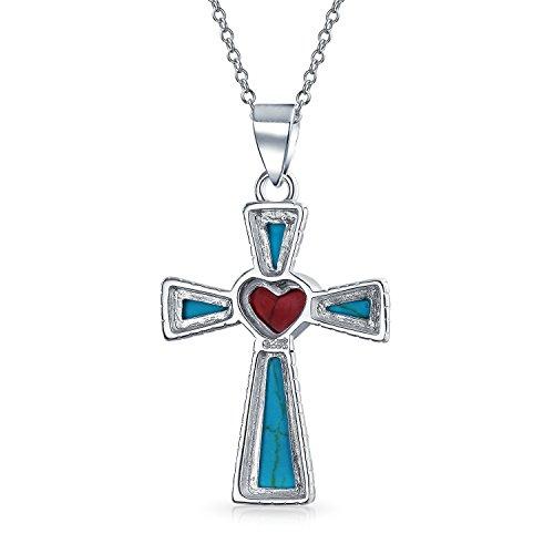【並行輸入品】[Bling Jewelry] 南西スタイル宝石ブルー安定ターコイズレッドハートクロスペンダント宗教.925スターリングシルバーネ_4