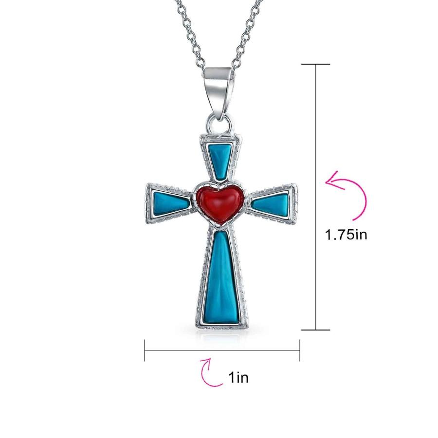 【並行輸入品】[Bling Jewelry] 南西スタイル宝石ブルー安定ターコイズレッドハートクロスペンダント宗教.925スターリングシルバーネ_9