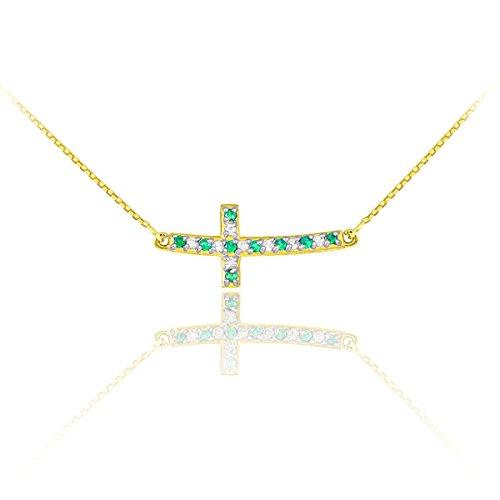 【並行輸入品】14Kゴールドダイヤモンドとエメラルド 横向きカーブクロスネックレス ゴールド 14k Gold Diamond and Emerの画像