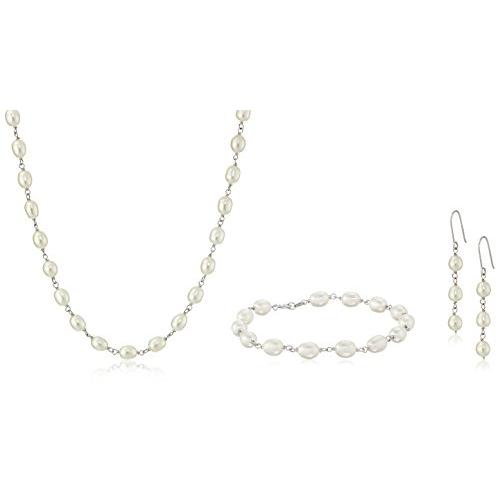 【並行輸入品】スターリングシルバー ホワイト淡水養殖真珠 ブレスレット ネックレス イヤリング ジュエリーセット, パール, 合成パール Ste