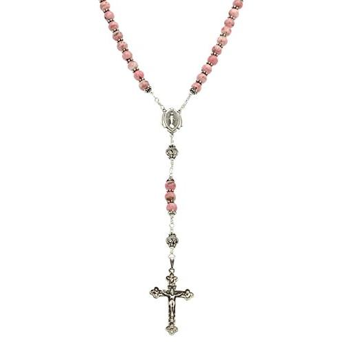 【並行輸入品】7 Sorrows ロザリオ スターリングシルバーロザリオ ロードクロサイト 6mm 十字架&奇跡のメダル 24インチ ネックレスの画像