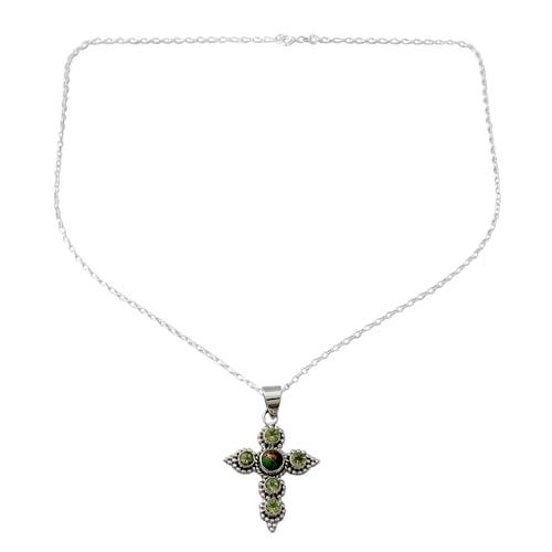 【並行輸入品】NOVICA ハンドメイド .925スターリングシルバー ペリドットクロスネックレス 職人による作り直し ターコイズグリーンペンダ_1