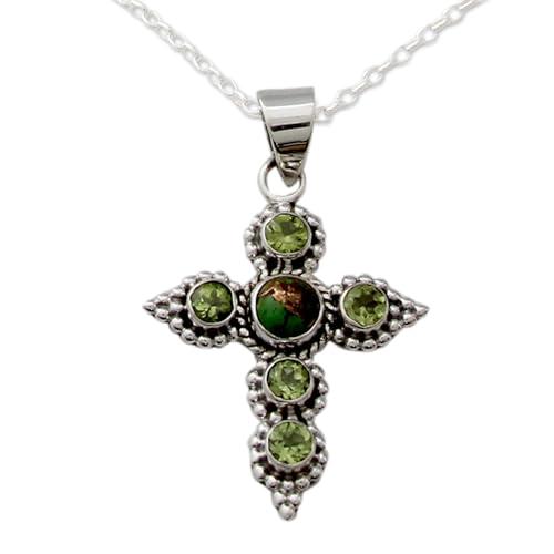 【並行輸入品】NOVICA ハンドメイド .925スターリングシルバー ペリドットクロスネックレス 職人による作り直し ターコイズグリーンペンダ_4