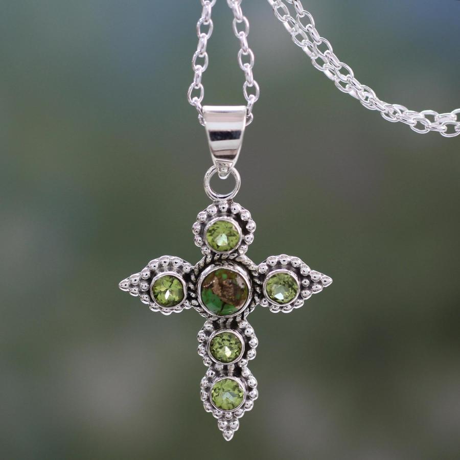 【並行輸入品】NOVICA ハンドメイド .925スターリングシルバー ペリドットクロスネックレス 職人による作り直し ターコイズグリーンペンダ_9