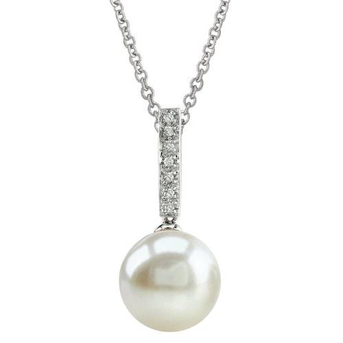 【並行輸入品】THE PEARL SOURCE 14Kゴールド 10 11mm ラウンドホワイト淡水養殖パール&ダイヤモンド ダングルペンダントの画像