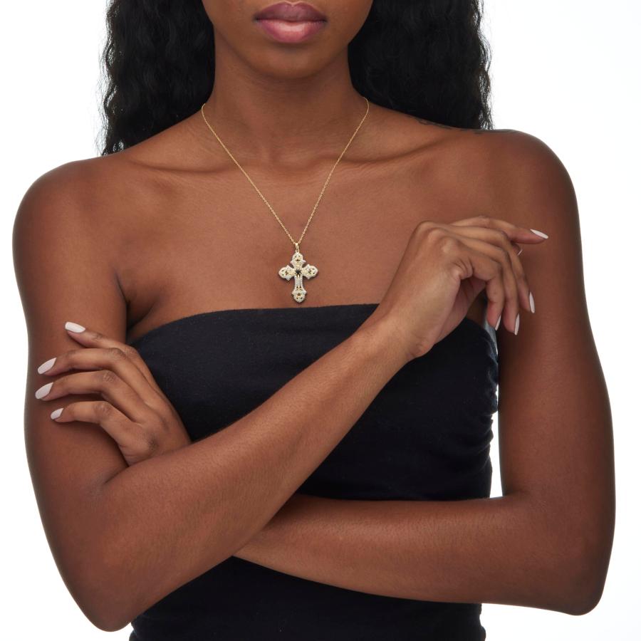 【並行輸入品】PalmBeach Jewelry イエローゴールドメッキ シルバー 本物のダイヤモンドと本物のサファイアクロスペンダント (1/_9