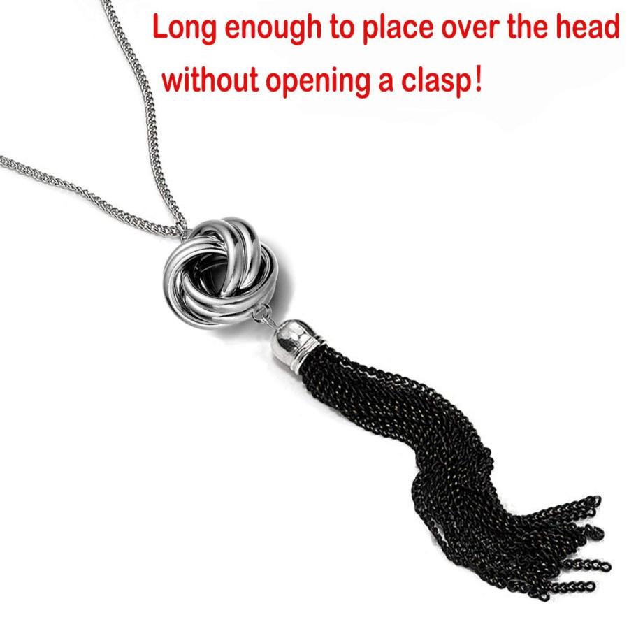 【並行輸入品】長いタッセルネックレスシルバートーンLovelyノットタッセルペンダントノットSnake Chain For Women Simp_7