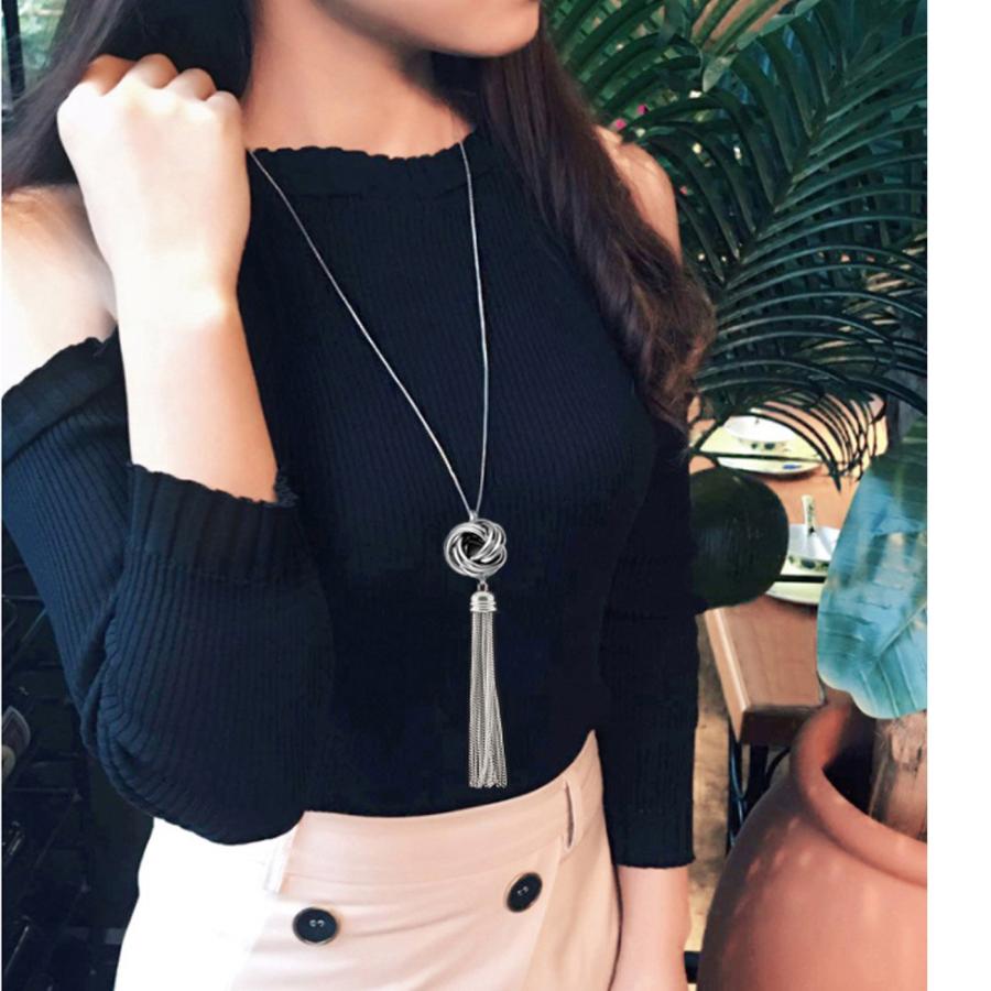【並行輸入品】長いタッセルネックレスシルバートーンLovelyノットタッセルペンダントノットSnake Chain For Women Mult_3