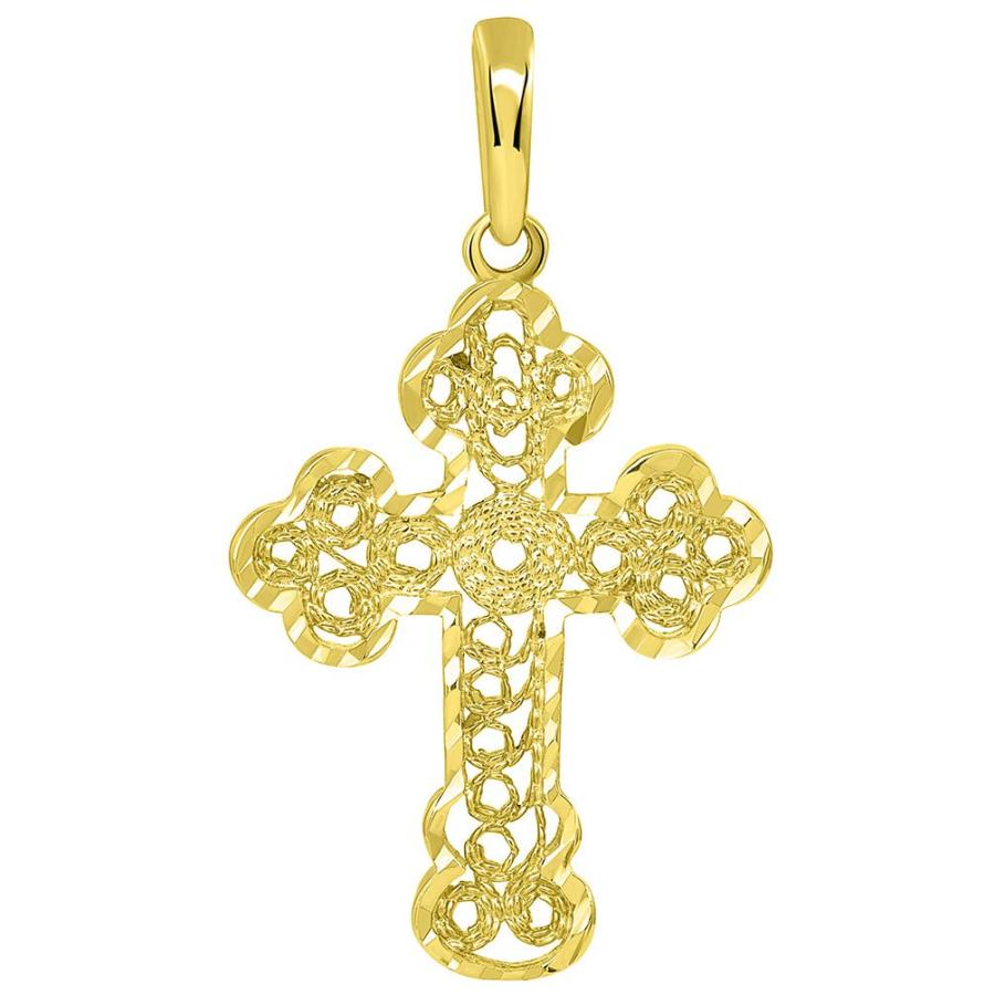 【並行輸入品】14 K黄色ゴールドテクスチャ正教会クロスwithフィリグリーペンダントネックレス Jewelry America Solid 1の画像