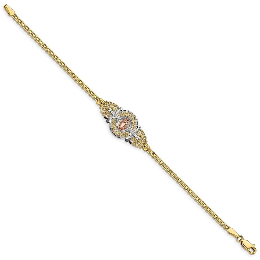 【並行輸入品】14K ツートーンイエローゴールド グアダルーペの聖母ブレスレット 7インチ 宗教的ファインジュエリー 女性へのギフト, 7 inの画像