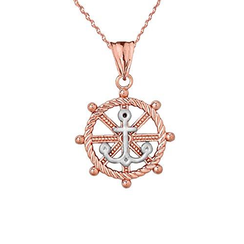 【並行輸入品】Fine Ship's Roped Helm and Anchor チャームペンダントネックレス 14k ツートーン ローズゴールの画像