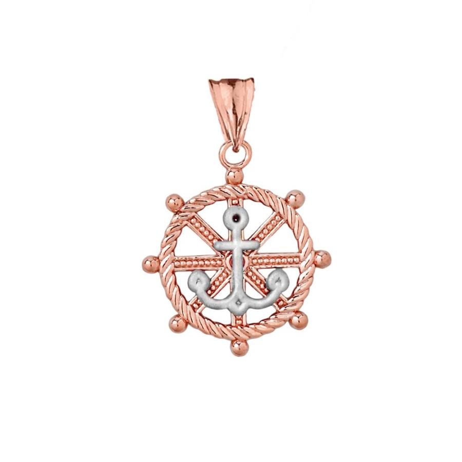 【並行輸入品】Fine Ship's Roped Helm and Anchor チャームペンダントネックレス 14k ツートーン ローズゴールの画像