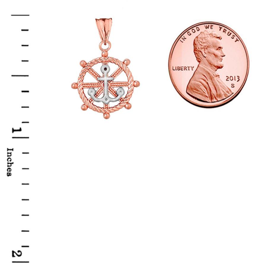 【並行輸入品】Fine Ship's Roped Helm and Anchor チャームペンダントネックレス 14k ツートーン ローズゴールの画像