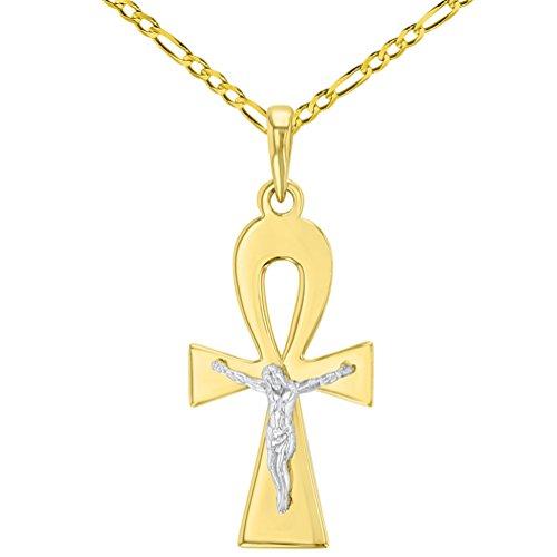 【並行輸入品】ソリッド14 KツートンカラーエジプトAnkh Cross withイエスキリスト十字架ペンダントフィガロチェーンネックレス Soの画像