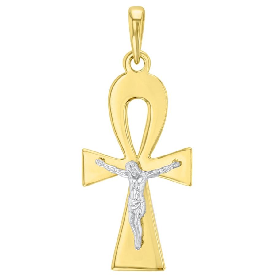 【並行輸入品】ソリッド14 KツートンカラーエジプトAnkh Cross withイエスキリスト十字架ペンダントフィガロチェーンネックレス Soの画像