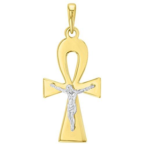 【並行輸入品】ソリッド14 KツートンカラーエジプトAnkh Cross withイエスキリスト十字架ペンダントフィガロチェーンネックレス Soの画像