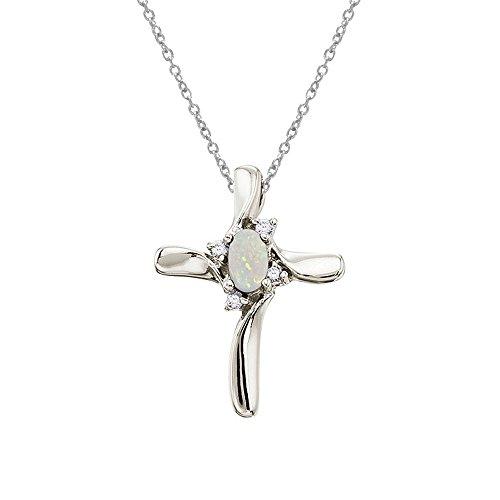 【並行輸入品】Lux 14Kホワイトゴールド 本物の誕生石とダイヤモンドクロスペンダント (1/4カラット総重量) Jewels By Luxの画像