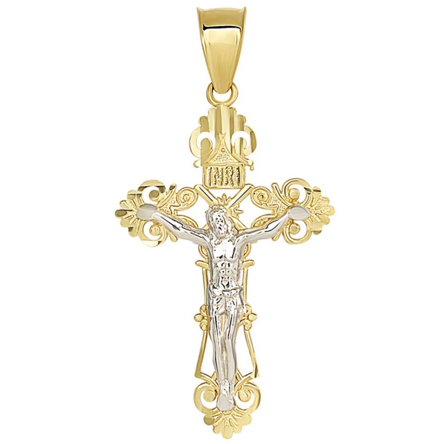 【並行輸入品】ソリッド14 Kツートンカラーゴールドローマカトリッククロスチャームwith Jesus INRI十字架ペンダントwithフィガロの画像