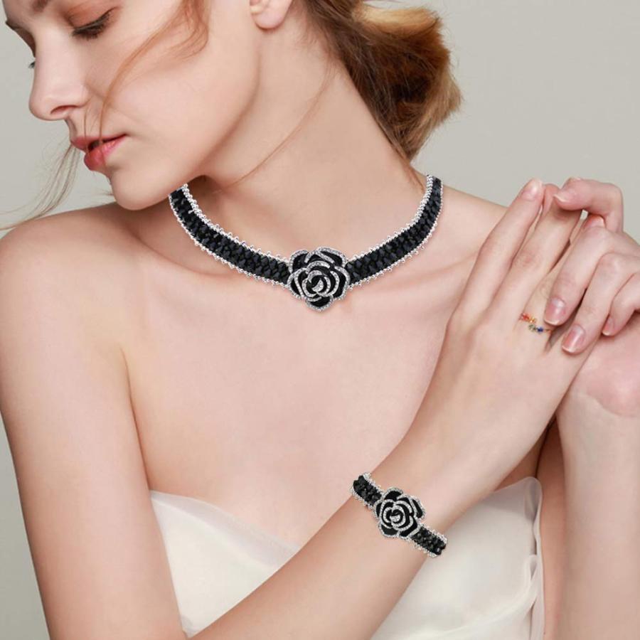 【並行輸入品】Lavencious ブラックビーズチョーカーネックレスとブレスレットセット ブラックエナメルクリスタルローズペンダント ロブスタ_6