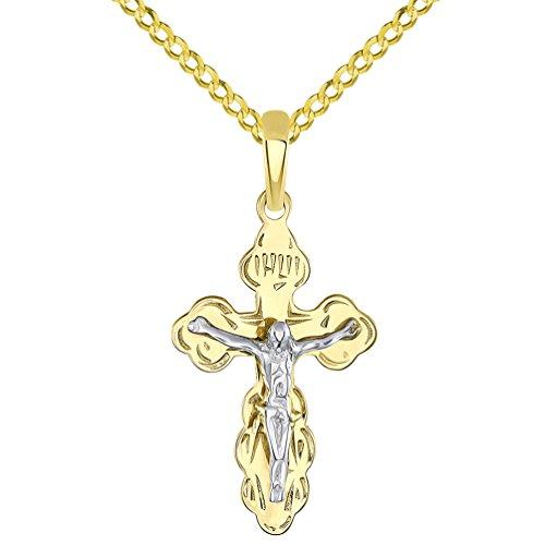 【並行輸入品】ソリッド14 K 2つトーンゴールドイースタンオーソドックスクロス保存と保護十字架ペンダントwithキューバチェーンネックレス Sの画像