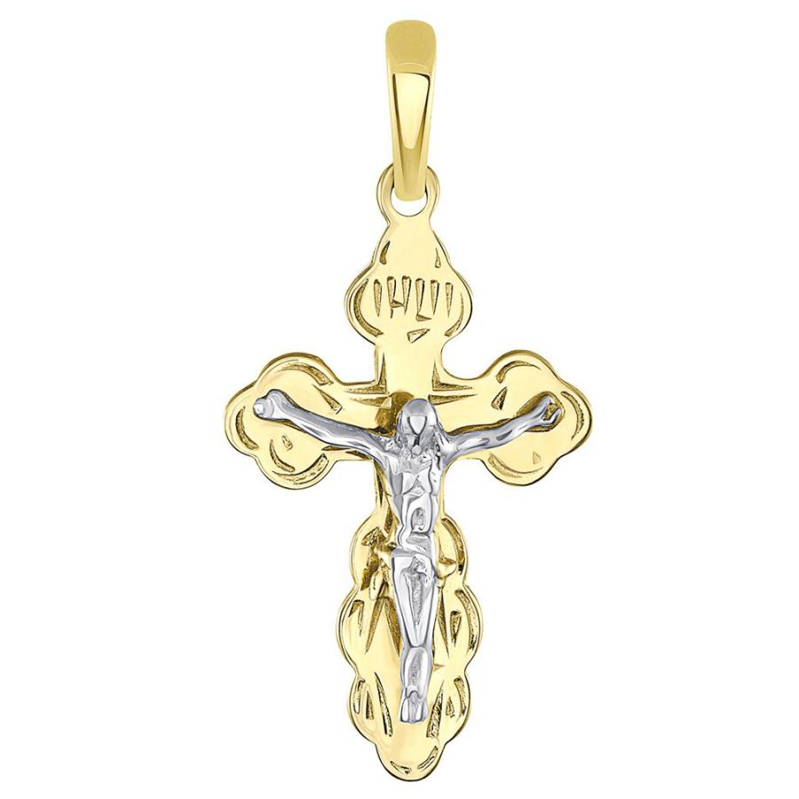 【並行輸入品】ソリッド14 K 2つトーンゴールドイースタンオーソドックスクロス保存と保護十字架ペンダントwithキューバチェーンネックレス Sの画像