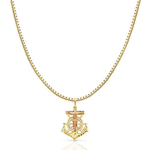 【並行輸入品】14K ツートーン ソリッドゴールド 宗教的十字架 アンカーチャームペンダント 1.2mmボックスチェーンネックレス ゴールド 1の画像