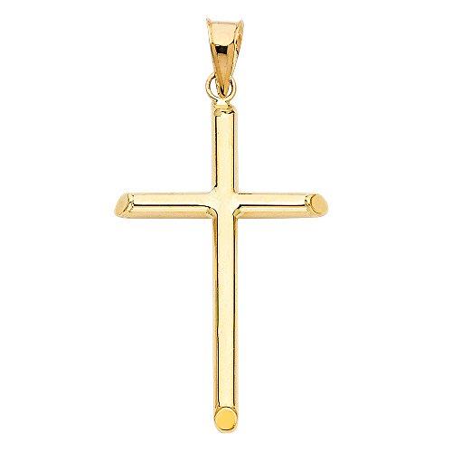 【並行輸入品】14K イエロー ソリッド ゴールド クラシック クロス 宗教 チャーム ペンダント 1.2mm ボックスチェーン ネックレス ゴの画像