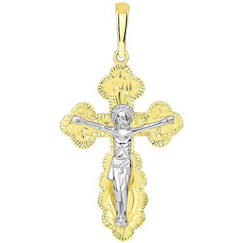 【並行輸入品】14K イエローゴールド ツートーン ロシア正教 救助&保護クロス イエス 十字架ペンダント キューバネックレス Jewelryの画像