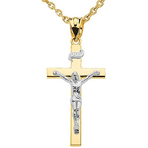 【並行輸入品】14K ホワイト イエロー ローズ ツートーン ゴールド INRI 十字架 カトリック リニア クロス ペンダント ネックレスの画像