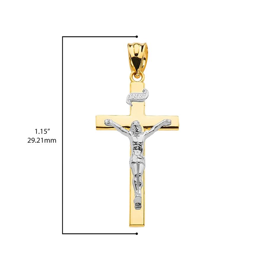 【並行輸入品】14K ホワイト イエロー ローズ ツートーン ゴールド INRI 十字架 カトリック リニア クロス ペンダント ネックレスの画像