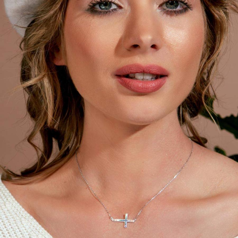 【並行輸入品】SURANO DESIGN JEWELRY スターリングシルバー ネックレス レインボー マルチカラー CZ ストーン 横向き クの画像
