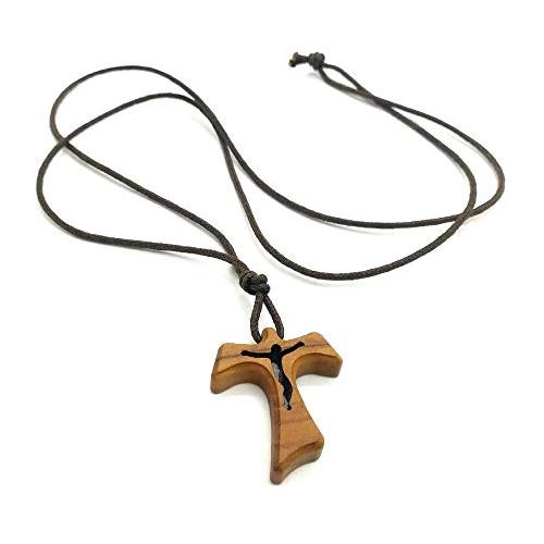 【並行輸入品】MedjugorjeStoneGifts オリーブウッドタウクロスペンダント カトリックネックレス 調節可能なコード付き Medj_1