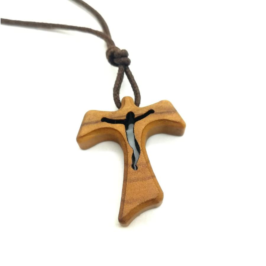 【並行輸入品】MedjugorjeStoneGifts オリーブウッドタウクロスペンダント カトリックネックレス 調節可能なコード付き Medj_6