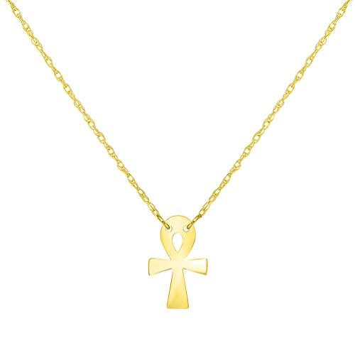 【並行輸入品】14Kイエローゴールド ミニ エジプトアンククロスネックレス スプリングリングクラスプ付き (16インチから18インチの調節可能なの画像