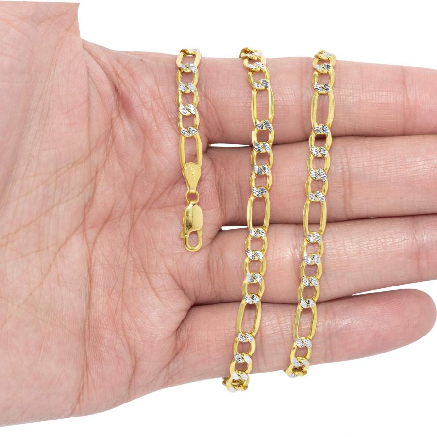【並行輸入品】Nuragold 10K イエローゴールド 5.5mm フィガロチェーンリンク ダイヤモンドカット パヴェ ツートンカラー ブレスの画像