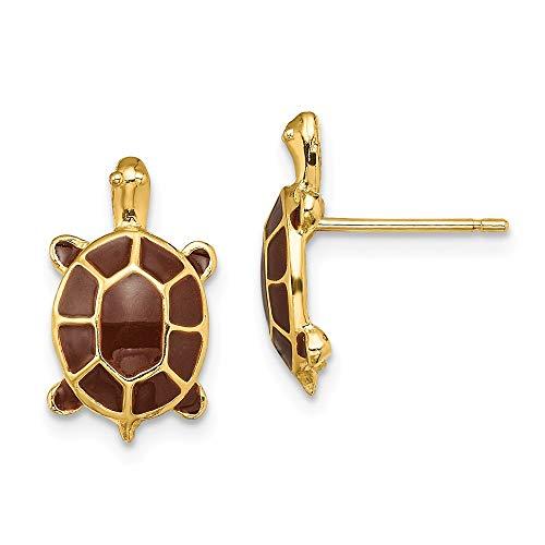 【並行輸入品】Solid 14k Yellow Gold Brown Enamel Sea Turtle Post Studs Earringの画像