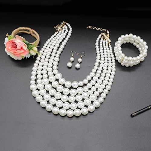 【並行輸入品】MeliMe マルチストランド イミテーションパールネックレス レディース 5層パールネックレスブレスレットとイヤリングセット コ_7