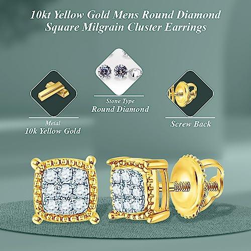 【並行輸入品】Diamond2Deal 10kt イエローゴールド メンズ ラウンドダイヤモンド スクエア ミルグレイン クラスター イヤリングの画像