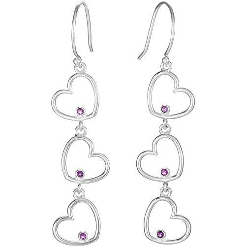 【並行輸入品】Solid 925 Sterling Silver Amethyst Triple Heart Charm Dangle Earの画像