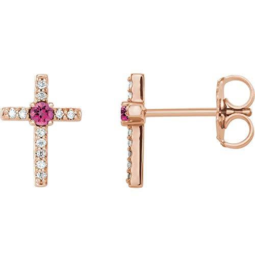 【並行輸入品】ダイヤモンド 十字架 スタッドピアス, ゴールド, トルマリン ダイヤモンド Solid 14k Rose Gold Pink Tの画像