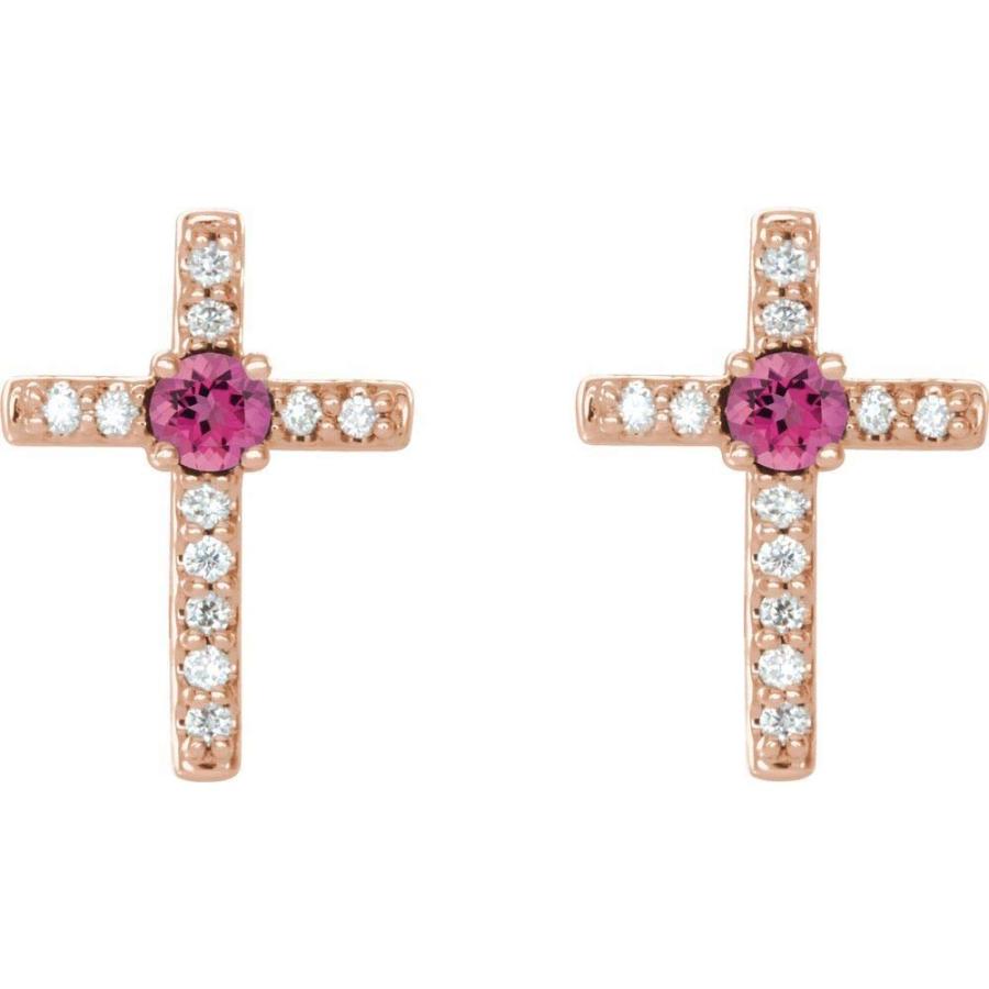 【並行輸入品】ダイヤモンド 十字架 スタッドピアス, ゴールド, トルマリン ダイヤモンド Solid 14k Rose Gold Pink Tの画像