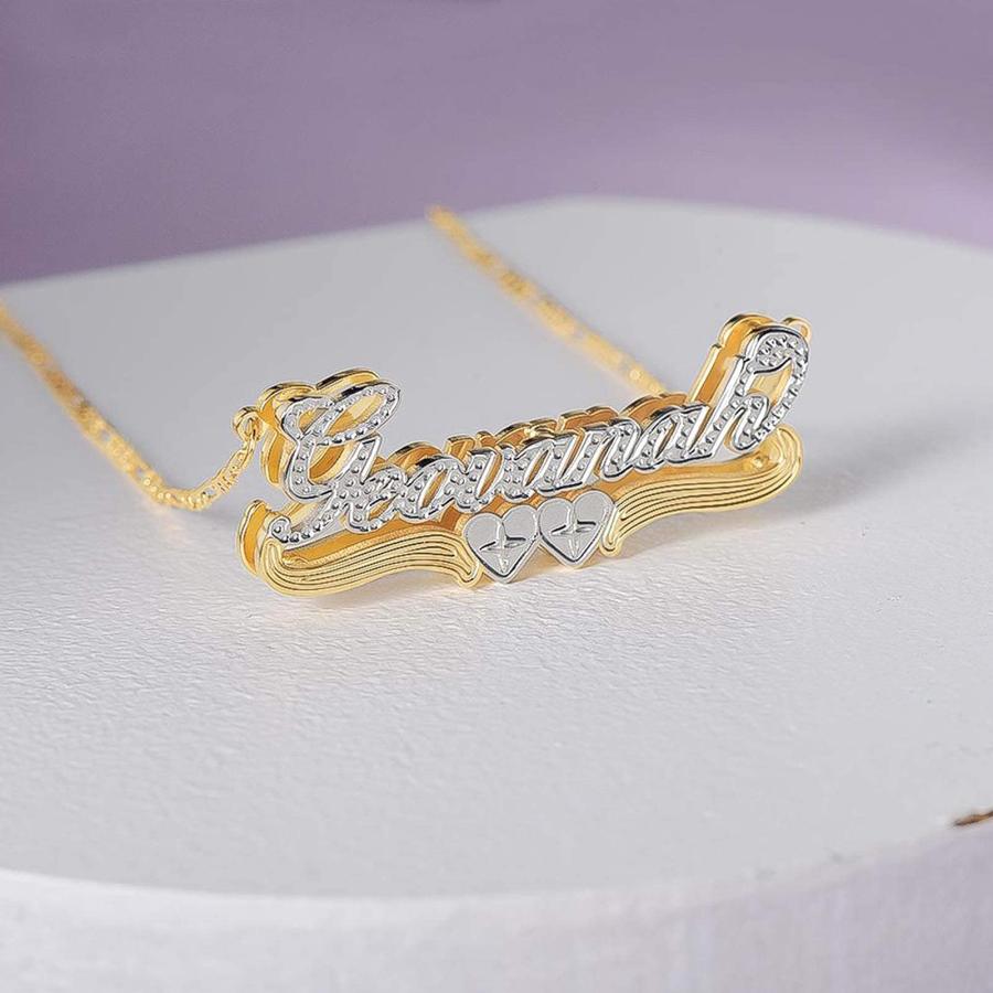 【並行輸入品】C&U ダブルプレート 名前入りネックレス ハート付き ツートーン 18Kゴールドメッキ カスタムハートネックレス レディース テ