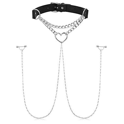 【並行輸入品】JFORYOU ニップルリング チョーカーネックレス付き ステンレススチール ニップルリング チェーン ハート パンク チョーカー_1