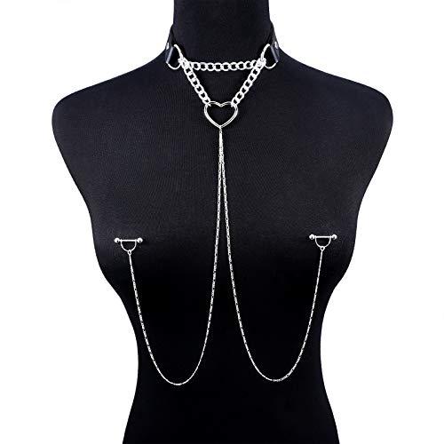 【並行輸入品】JFORYOU ニップルリング チョーカーネックレス付き ステンレススチール ニップルリング チェーン ハート パンク チョーカー_4