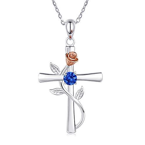 【並行輸入品】BlingGem クロスネックレス レディース 925スターリングシルバー 誕生石ネックレス ローズクロスペンダント 5A キュー
